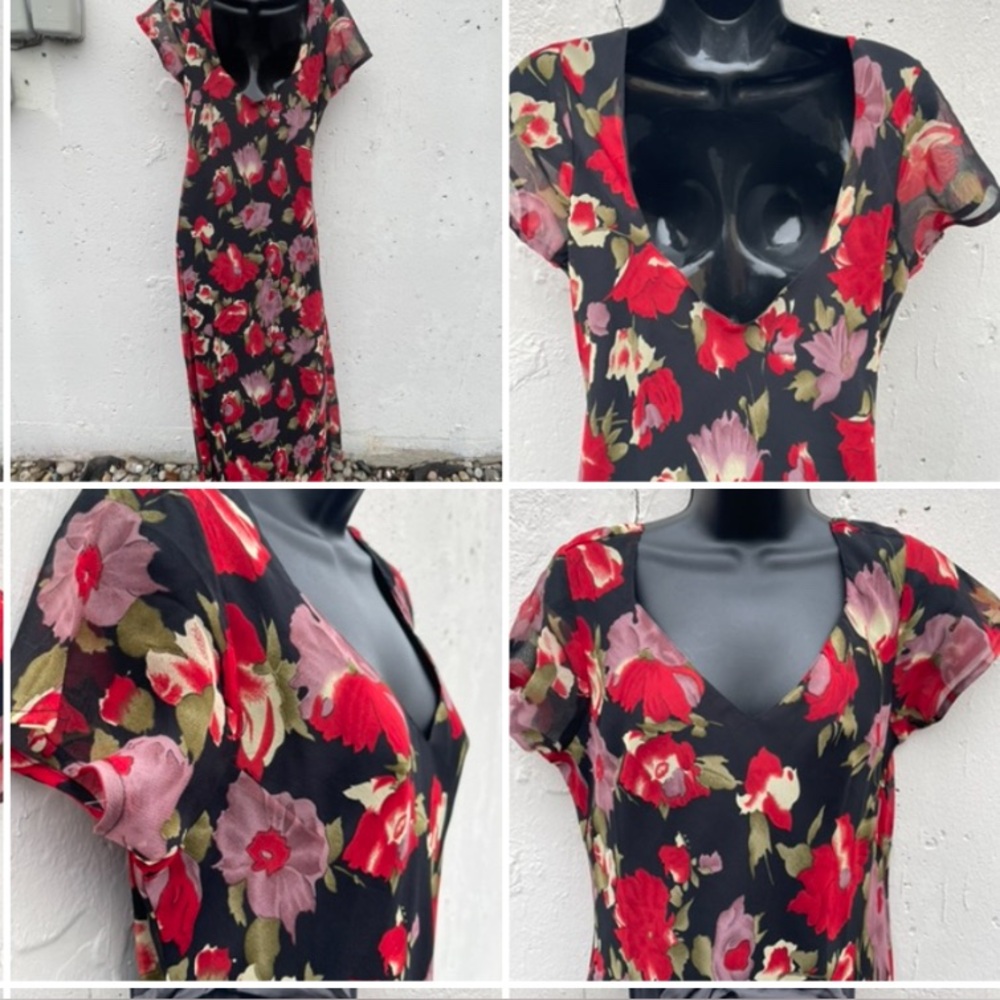 Vtg Y2K Whimsigoth midi Slip Dress medium Black Red Floral grunge fairy tu-lips